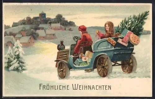 AK Kinder in einem Auto mit Weihnachtsbaum
