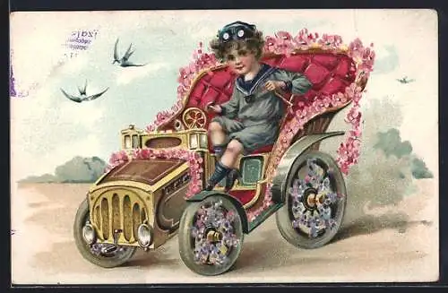 Künstler-AK Junge in einem Blumen-Auto