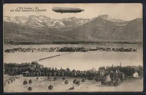 AK Lindau i. B., Ortsansicht mit Graf Zeppelins Luftschiff