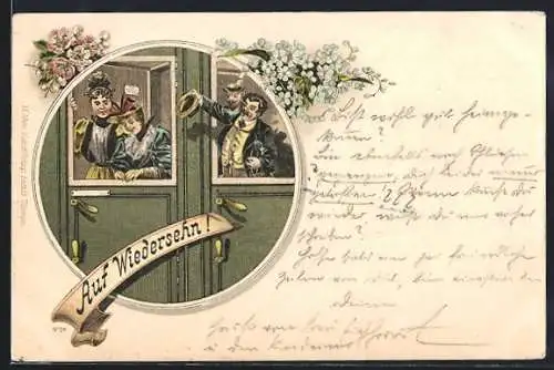 Lithographie Eisenbahn, Leute im Zug verabschieden sich