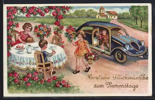 AK Kinder steigen mit Blumen aus einem Auto aus