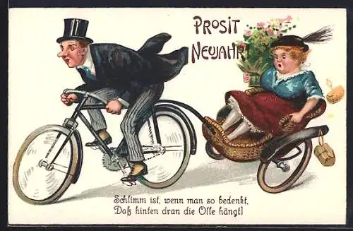 AK Fahrrad mit Dame im Anhänger