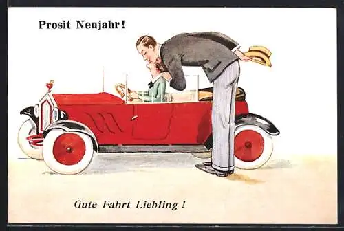 AK Grosser Mann küsst seine Frau im Auto, Cabriolet