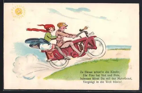 AK Mann auf Motorrad macht mit leicht bekleideten Mädchen eine Ausfahrt