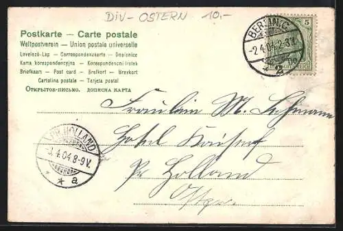 AK Osterhase mit Kleeblatt auf dem Sprung