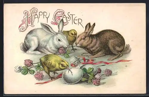 Präge-AK Osterhasen und Osterküken fressen Kleeblätter, Happy Easter