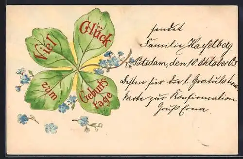 Präge-AK Kleeblatt und Vergissmeinnicht mit Geburtstagsgruss