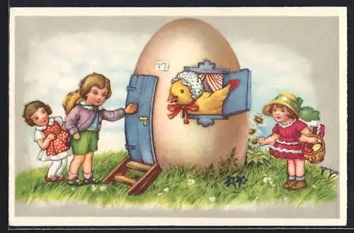 AK Osterküken blickt aus dem Fenster eines Osterei-Hauses, Fröhliche Ostern