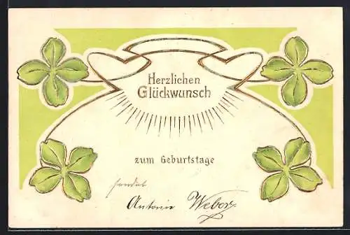 Präge-AK Glückwunsch zum Geburtstag, Kleeblätter im Jugendstil