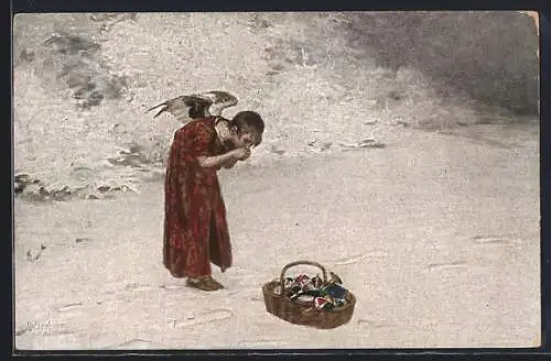 Künstler-AK Weihnachtsengel wärmt sich die Hände im Schnee