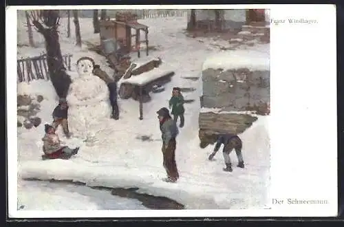 Künstler-AK Kinder bauen einen Schneemann