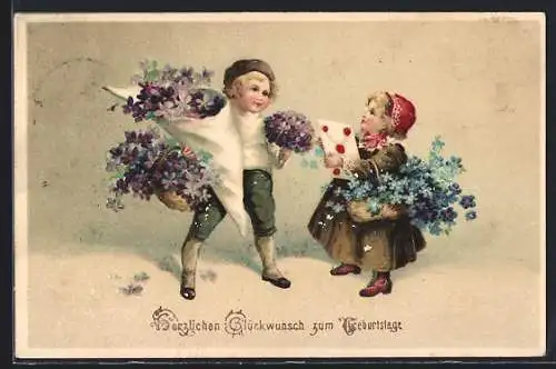 Präge-AK Geburtstagsgruss, Kinder mit Blumen und Brief