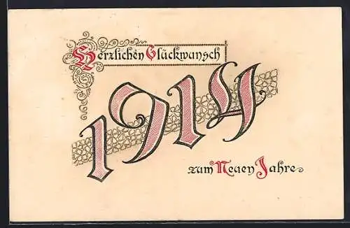 Präge-AK Neujahrsgruss, Jahreszahl 1914 mit Kleeblättern