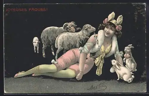 AK Dame umgeben von Osterhasen und Schafen, Joyeuses Pâques