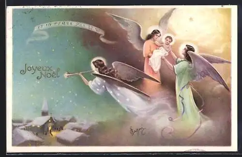 AK Weihnachtsengel schweben über einem verschneiten Dorf, Joyeux Noel