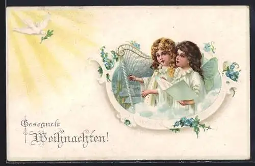 AK Weihnachtsengel musizieren mit Harfe
