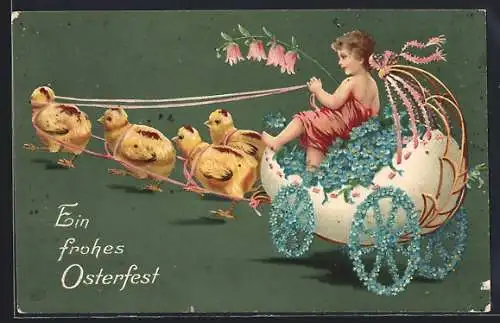 Präge-AK Osterküken ziehen eine Eierschalen-Kutsche voller Vergissmeinnicht