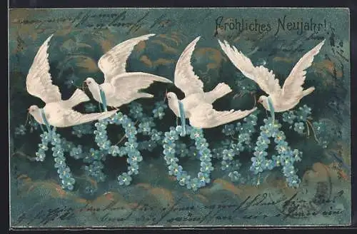 Präge-AK Jahreszahl 1904 aus Vergissmeinnicht getragen von Tauben