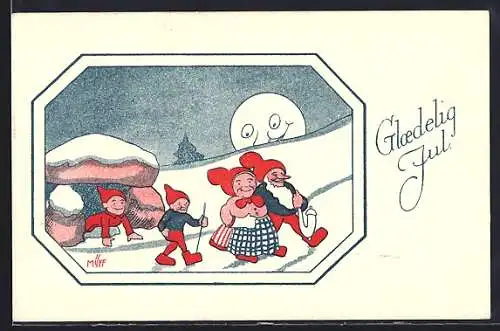 AK Zwergenfamilie im Schnee, Glaedelig Jul