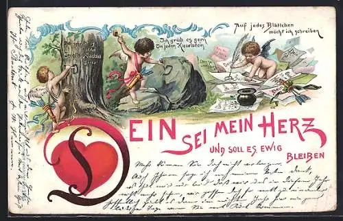 AK Amor ritzt Liebesbotschaften in Bäume und Steine, Rotes Herz