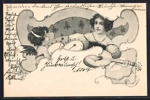 AK Amor und eine Dame musizieren gemeinsam