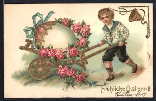 Präge-AK Fröhliche Ostern, Junge schiebt ein Osterei auf einer Schubkarre