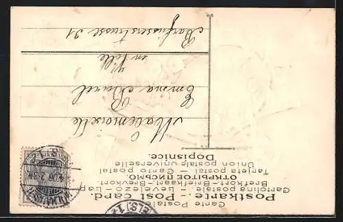 Präge-AK Fröhliche Ostern, Junge schiebt ein Osterei auf einer Schubkarre