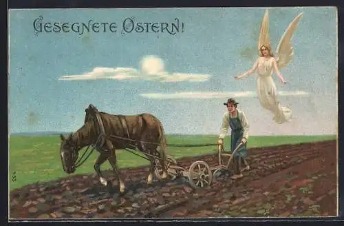 Präge-AK Osterengel erscheint einem Bauern auf dem Felde