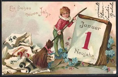 Präge-AK Kind kehrt die Reste des letzten Jahres für das Neujahr davon