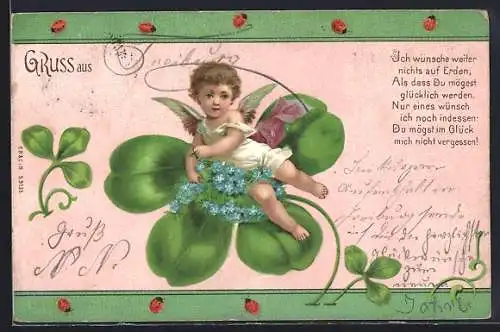 Künstler-AK Glücksengel mit Kleeblatt und Vergissmeinnicht