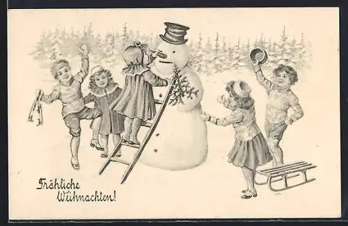 AK Kinder bauen einen Schneemann, Fröhliche Weihnachten