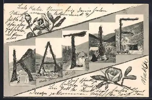 AK Namenstag Katie, Schriftzug mit Berglandschaften