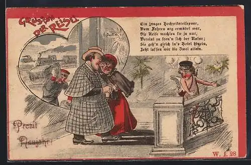 Künstler-AK Amor begrüsst ein reisendes Paar im Hotel