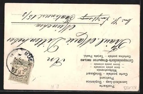 Präge-AK Prosit Neujahr, Fräulein mit Ferkeln und Kleeblatt