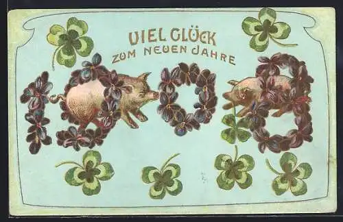 Präge-AK Jahreszahl 1908 aus Veilchen mit Kleeblättern und Glücksschweinen