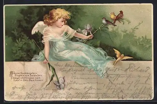 Künstler-AK Engel im Kleid mit Vögeln und Lilien