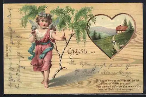 AK Engel mit Vergissmeinnicht und Birkenzweig, Frühlingslandschaft im Herz