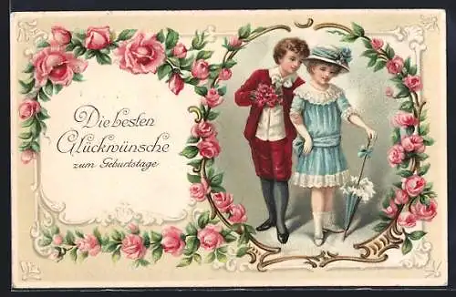 Präge-AK Glückwunsch zum Geburtstage, Kinder im Blumenrahmen