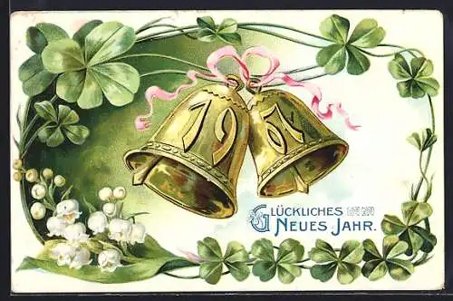 Präge-AK Glocken an einer Kleeblattranke mit Jahreszahl 1907, Neujahr