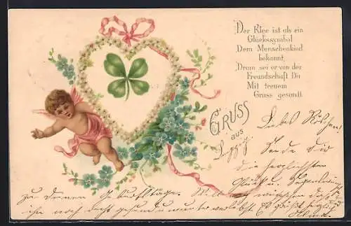 AK Engel mit Herz aus Blumen und Kleeblatt