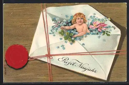 Präge-AK Kleiner Neujahrsengel, Kleeblatt und Vergissmeinnicht in einem Briefumschlag