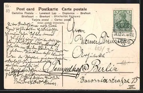 Präge-AK Kleiner Neujahrsengel, Kleeblatt und Vergissmeinnicht in einem Briefumschlag