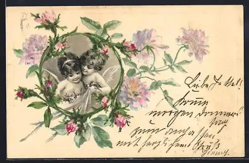 Präge-AK Zwei kleine Engel im Blumen-Passepartout