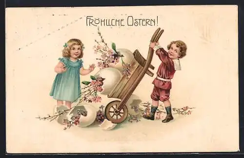 Präge-AK Kinder laden Ostereier von einer Schubkarre