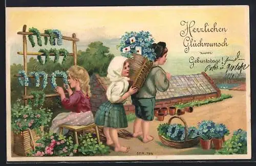 Präge-AK Geburtstag, Mädchen bastelt Hufeisen aus Kleeblättern und Vergissmeinnicht