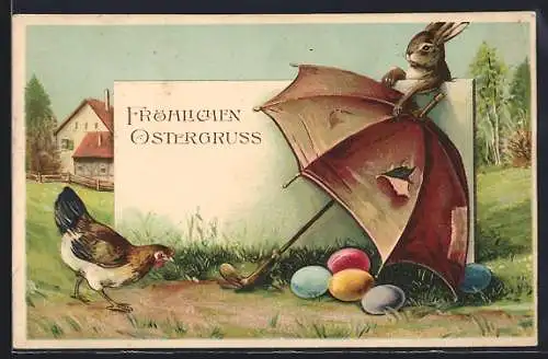 Präge-AK Osterhase und Huhn mit Ostereiern unter einem Regenschirm
