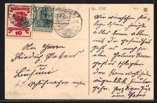 Präge-AK Osterhase und Huhn mit Ostereiern unter einem Regenschirm