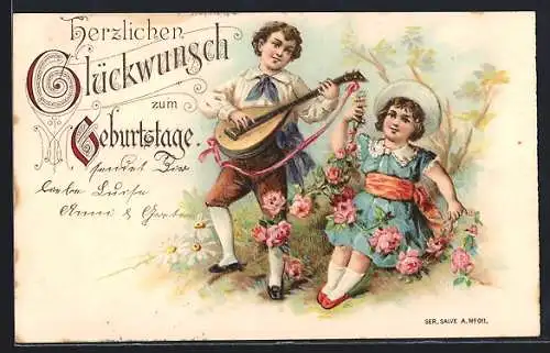 Präge-AK Herzlichen Glückwunsch zum Geburtstage, Musizierendes Paar mit Rosengirlande