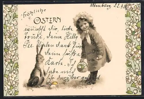 Präge-AK Mädchen und Osterhase auf einer Wiese
