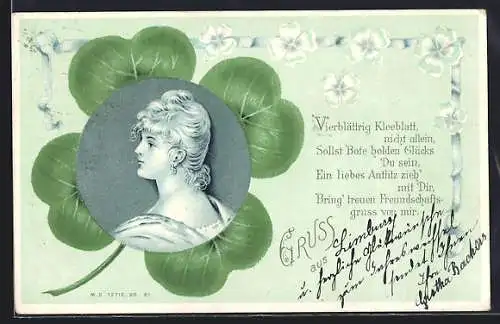 AK Frauenporträt auf einem vierblättrigen Kleeblatt